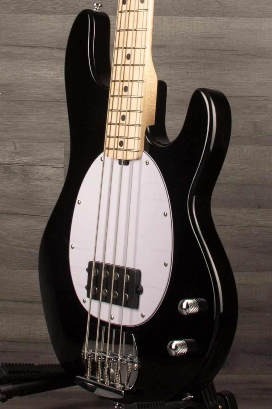 Sterling Stingray Intro series RAY2 Bass Guitar - Black side view showcasing the poplar body and humbucking pickup.