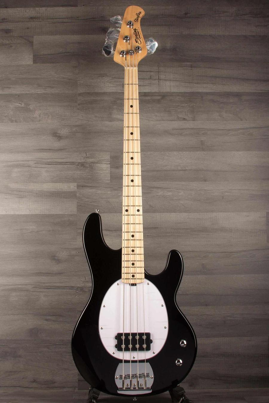 Sterling Stingray Intro series RAY2 Bass Guitar - Black front view with poplar body and maple neck.