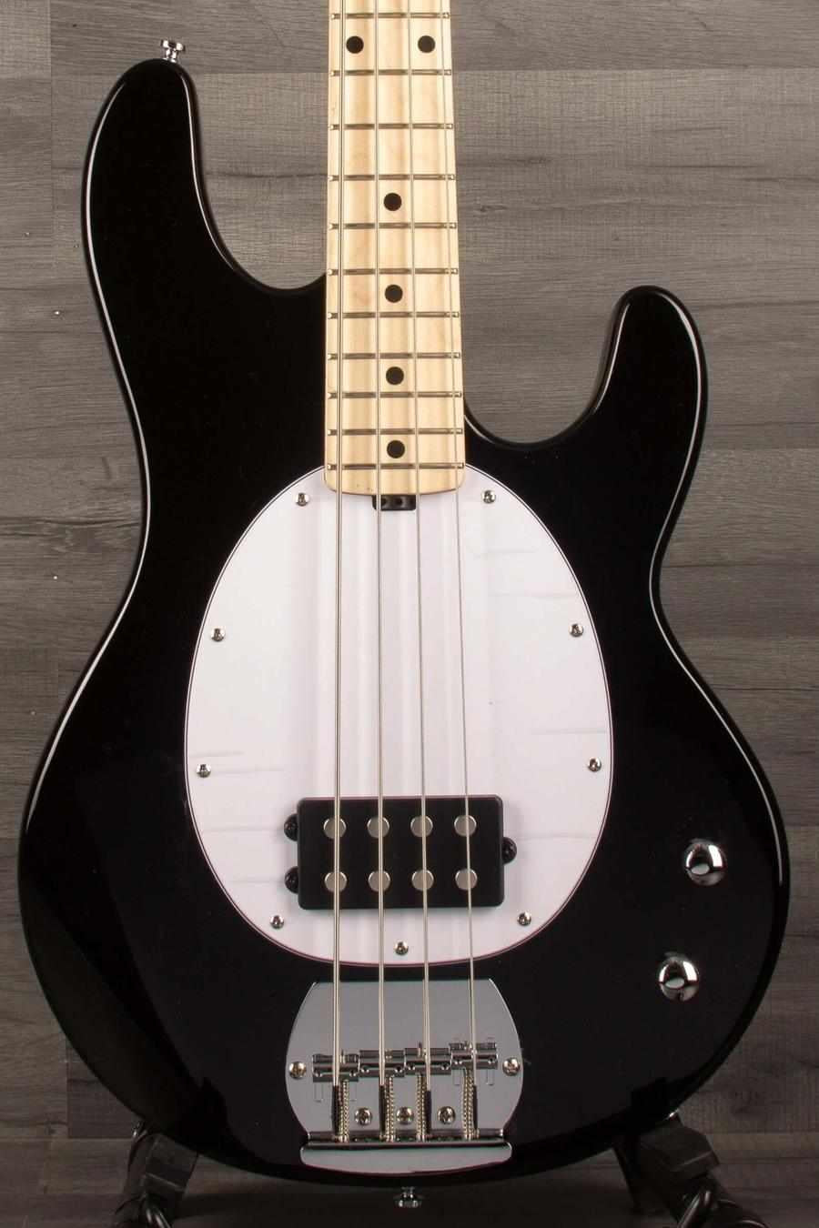 Sterling Stingray Intro series RAY2 Bass Guitar - Black front view showcasing its sleek design and features.