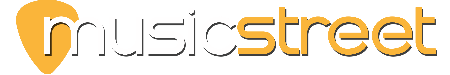 MusicStreet logo with a guitar pick icon on an orange background