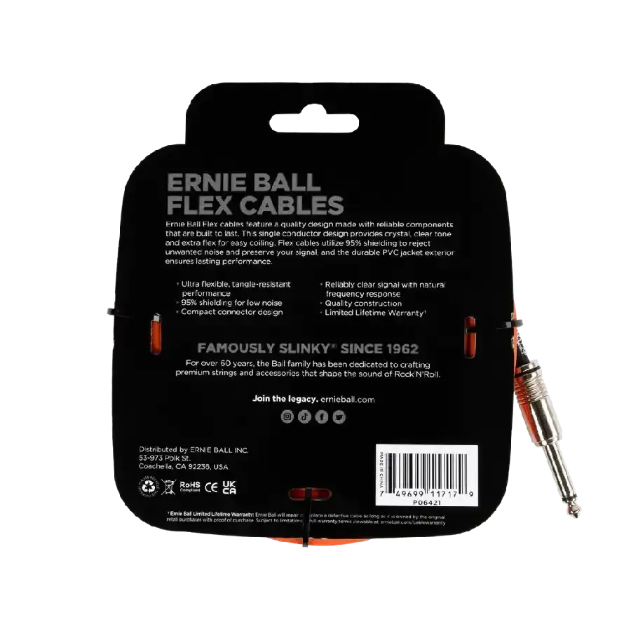 Ernie Ball FLEX INSTR CABLE STRT/STRT 20FT - ORANGE - MusicStreet