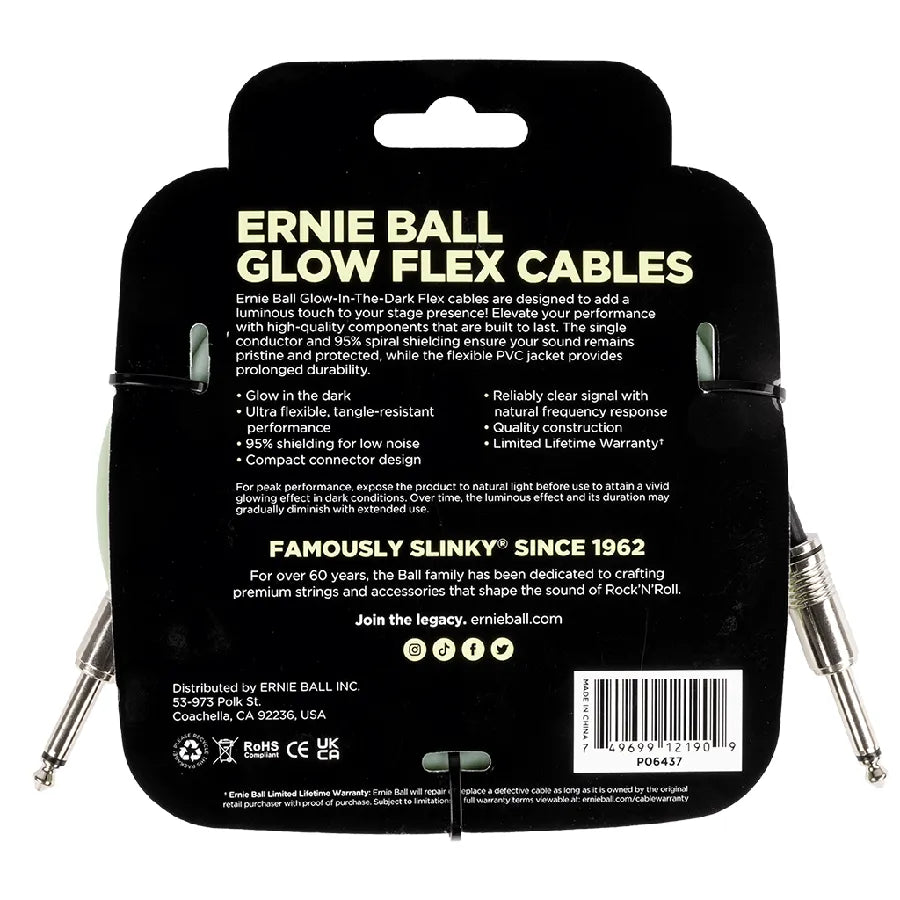 Ernie Ball FLEX INSTR CABLE STRT/STRT 20FT - GLOW IN DARK - MusicStreet