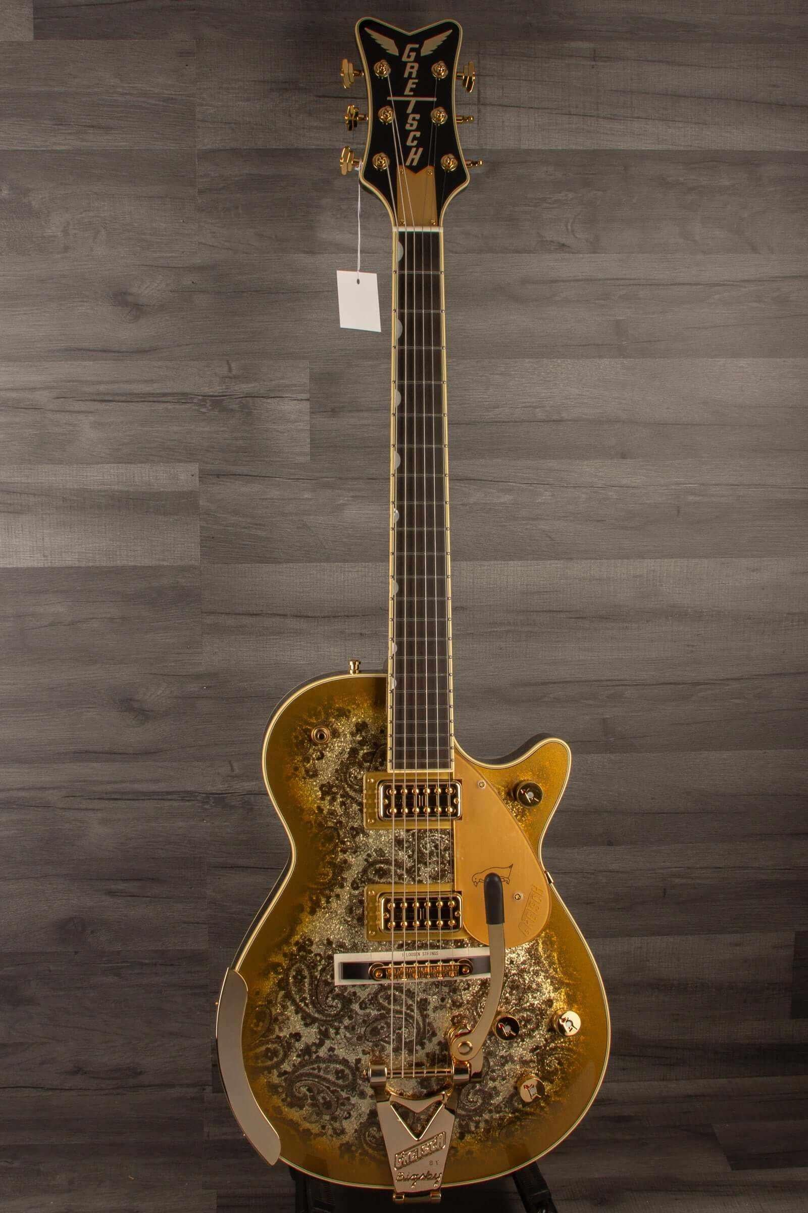 Limited Edition Paisley Penguin™ guitar with String-Thru Bigsby®, gold paisley design, ebony fingerboard.
