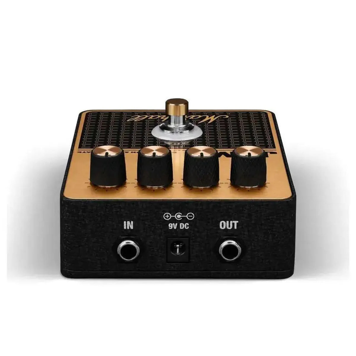 Marshall JVM distortion pedal, a compact overdrive pedal with in and out jacks, featuring classic tonal controls.