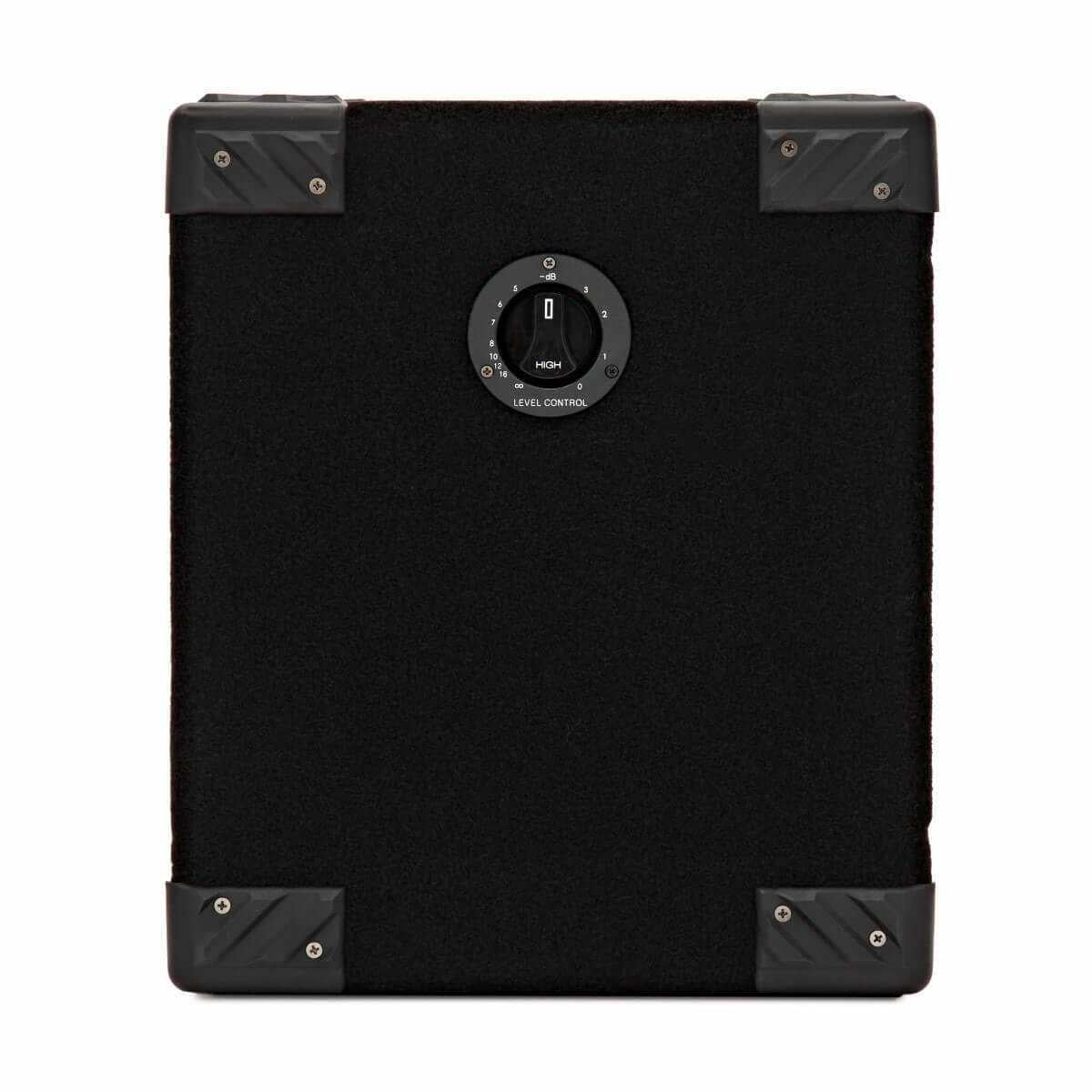 Markbass New York 121 Bass Speaker Cab back view, featuring level control knob and robust protective corners.