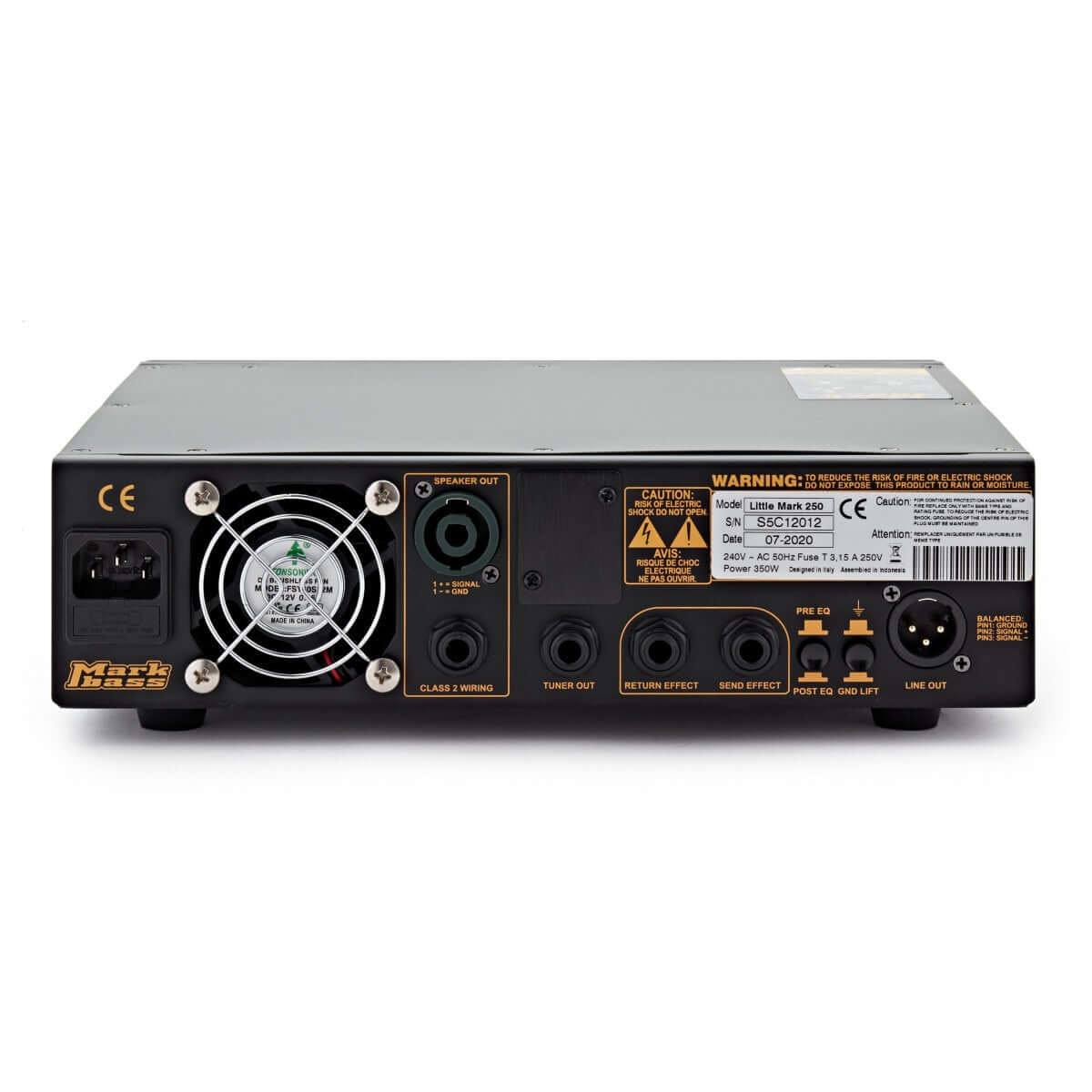 Back view of MarkBass Little Mark 250 Black Line Bass Amp Head showing input and output connections.