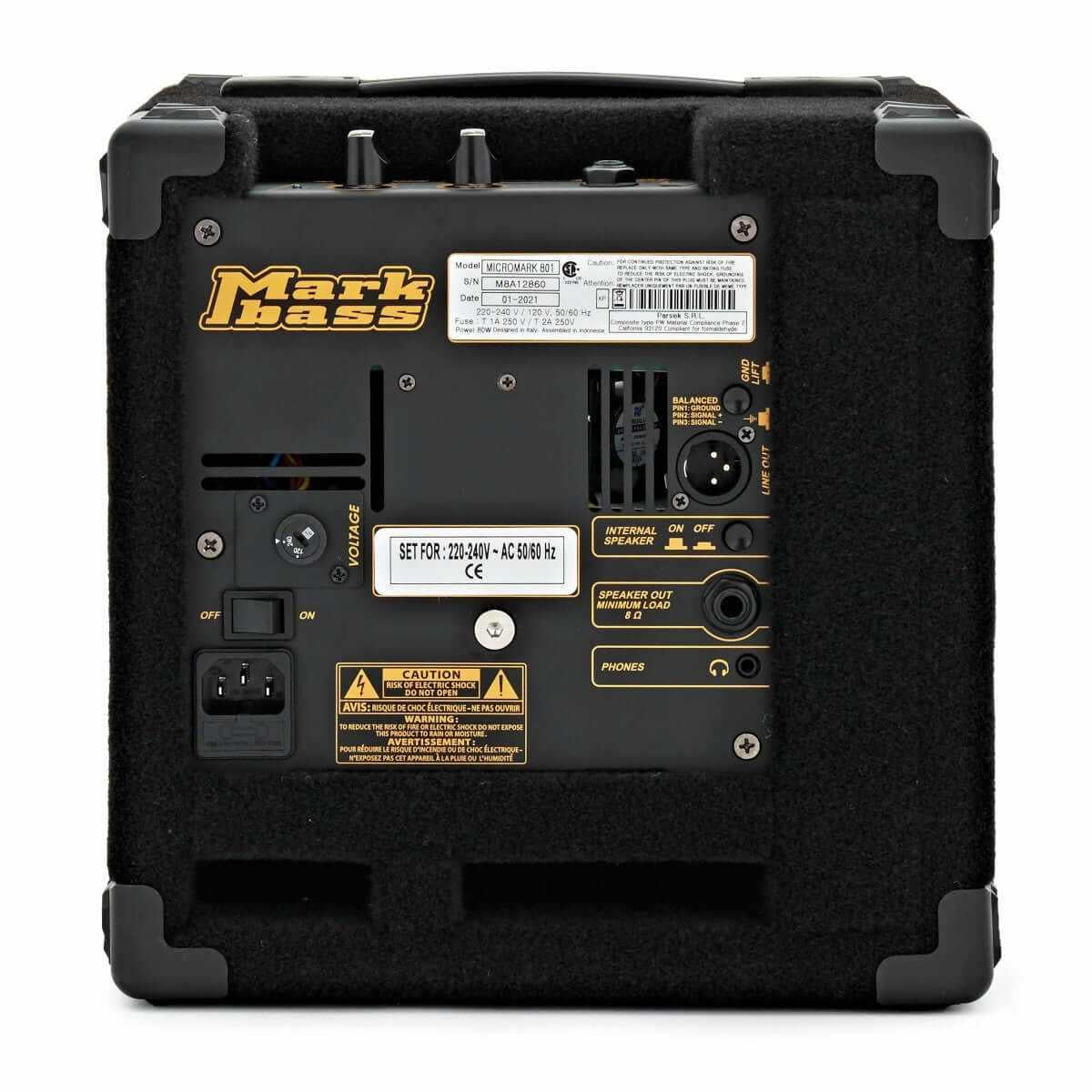 Back view of Mark Bass Micromark 801, showcasing power supply, outputs, and controls for enhanced performance.