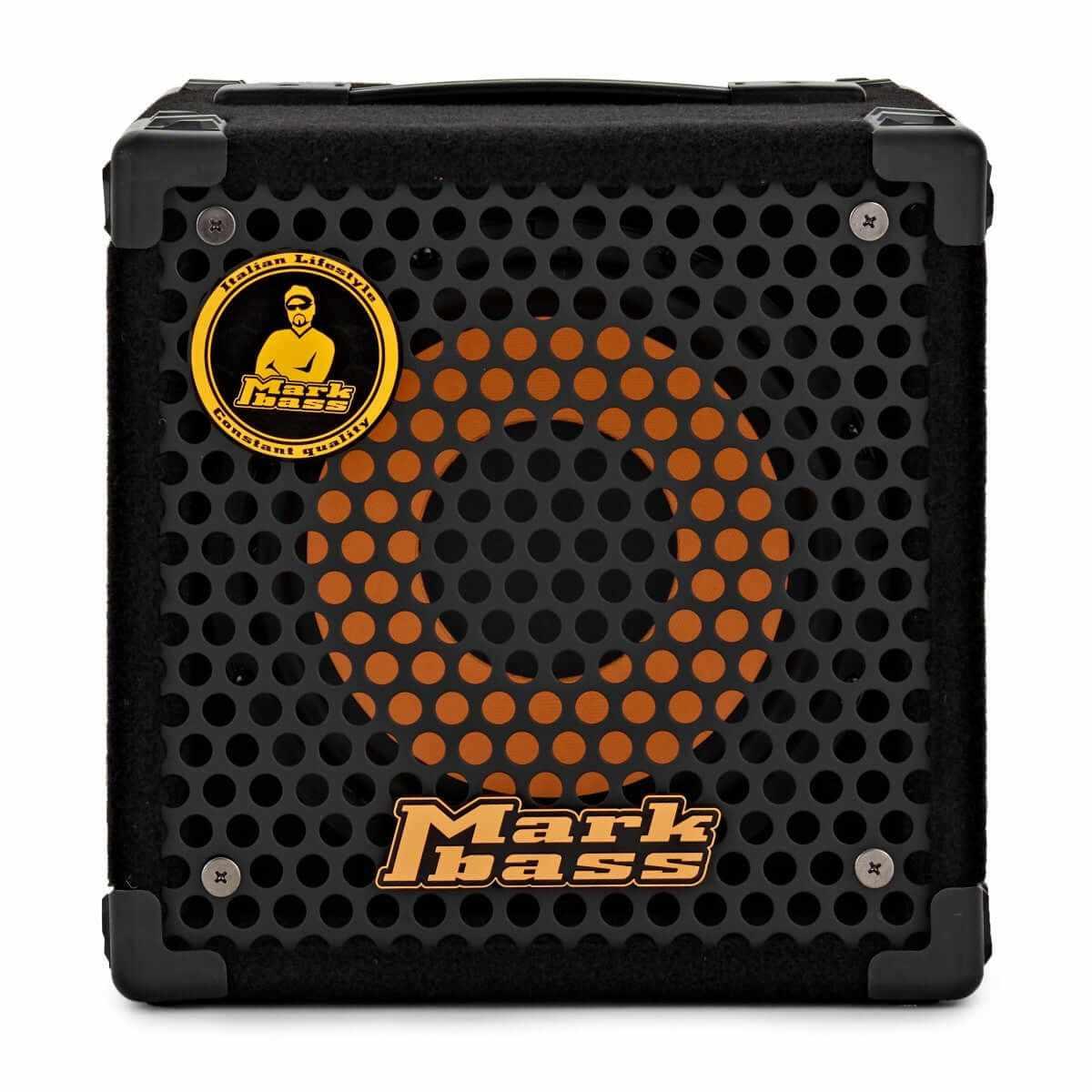 Mark Bass Micromark 801 compact amplifier with 1 x 8 inch speaker, showcasing black and orange design.