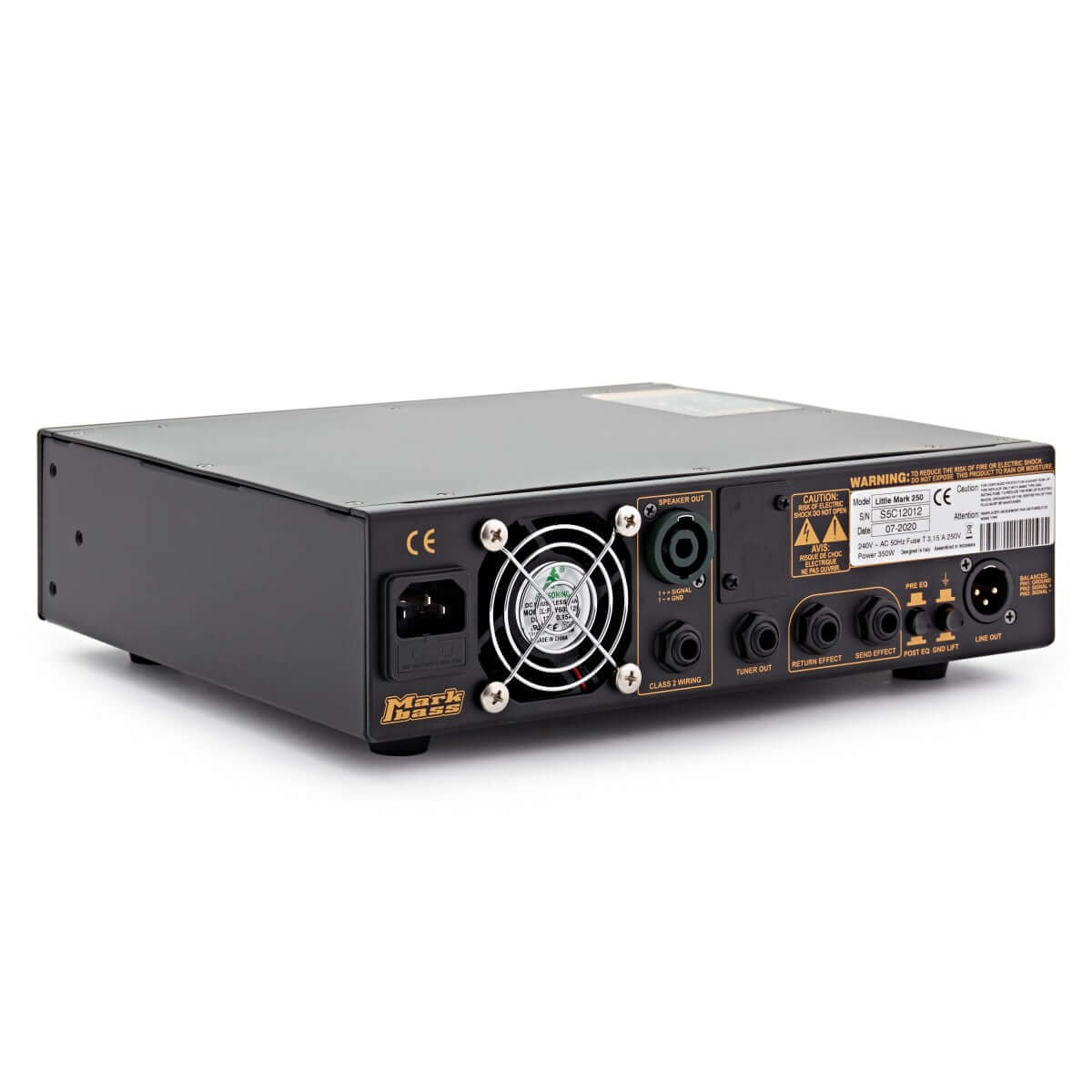 Back view of Mark Bass Little Mark 250 Black Line Bass Amp Head with input/output ports and cooling fan.