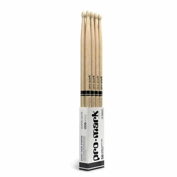 ProMark 5B drumsticks in a pack showcasing oval wood tip and durable Shira Kashi Oak material.