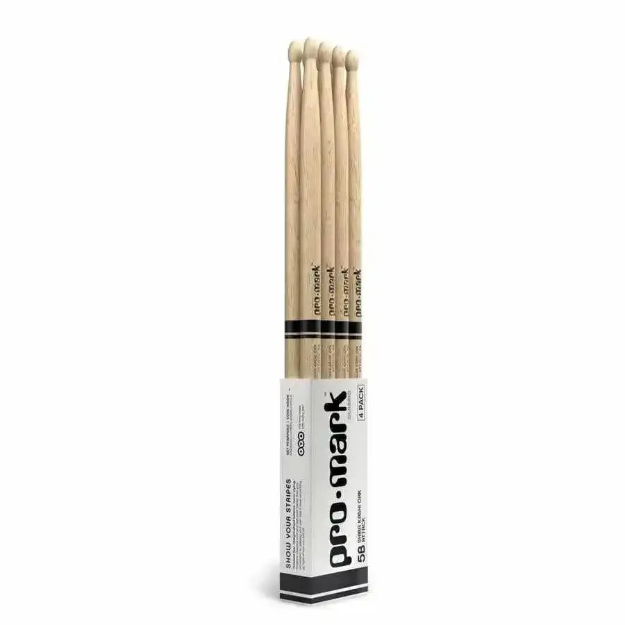 ProMark 5B drumsticks in a pack showcasing oval wood tip and durable Shira Kashi Oak material.