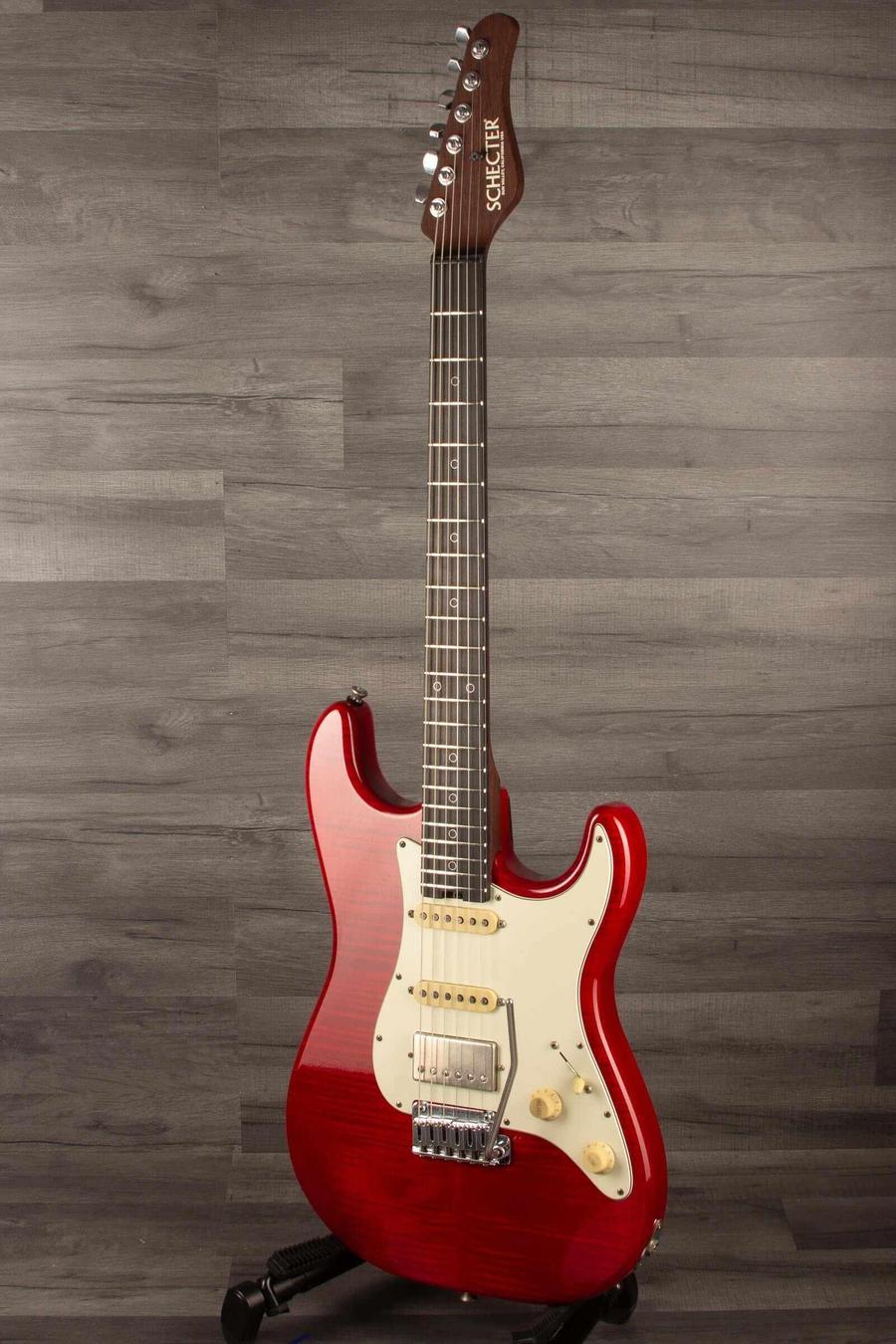 Schecter Nick Johnston Trad Flame Top Wembley Nitro USA - Atomic Fire, red electric guitar with flamed maple top.