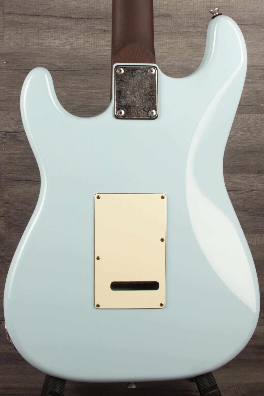 Back view of the Schecter Nick Johnston Trad Flame Top Wembley Nitro USA in Atomic Ice finish.