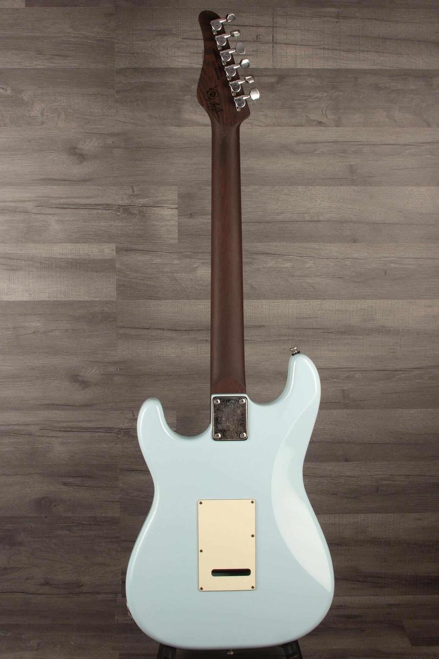 Schecter Nick Johnston Trad Flame Top Wembley Nitro USA - Atomic Ice, rear view of blue guitar with Wenge neck.