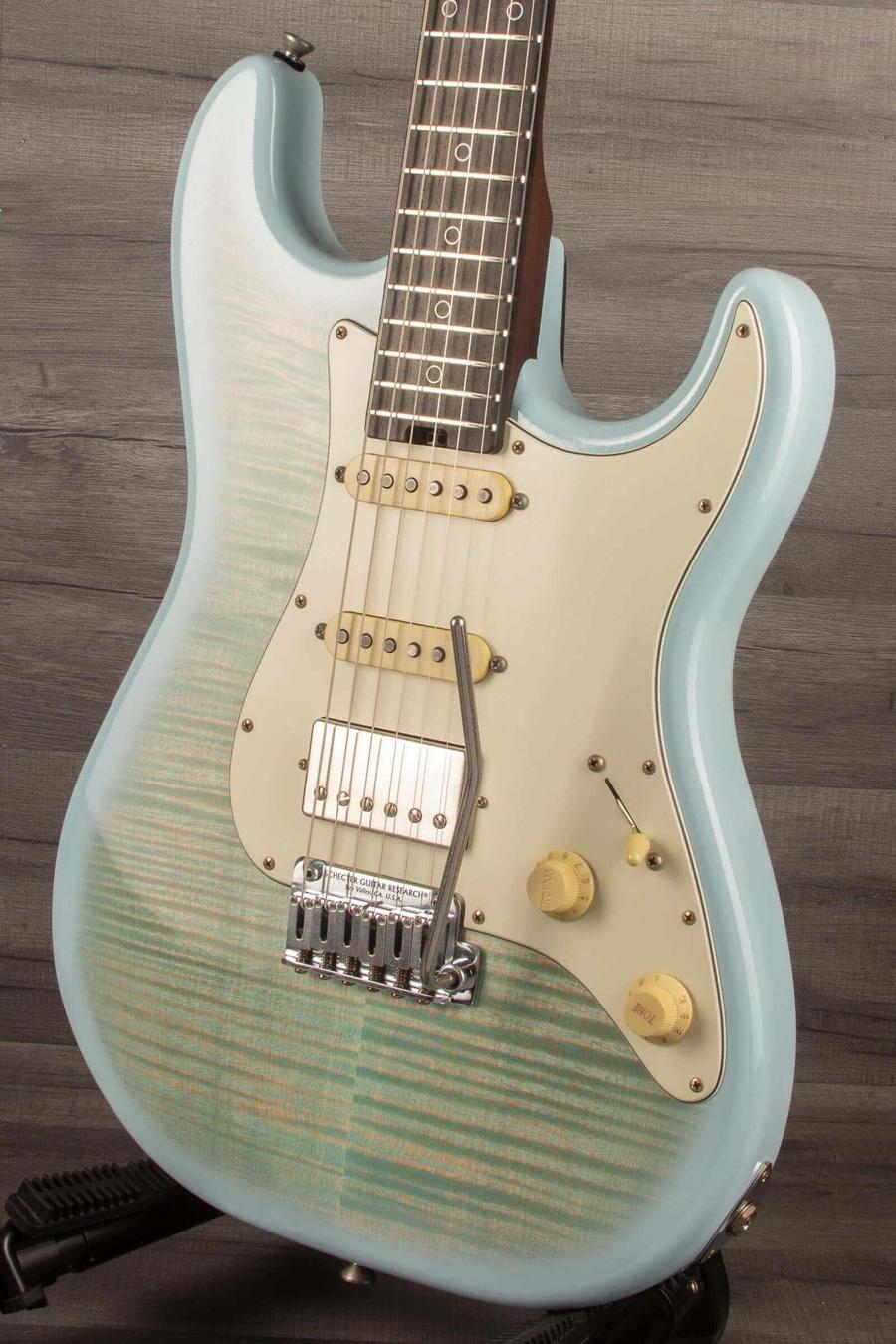Schecter Nick Johnston Trad Flame Top Wembley Nitro USA - Atomic Ice, flamed maple top electric guitar close-up