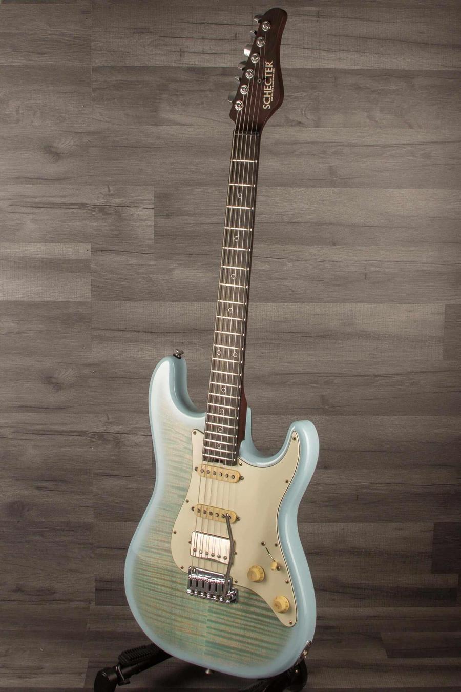 Schecter Nick Johnston Trad Flame Top Wembley Nitro USA in Atomic Ice with flamed maple top and custom features.