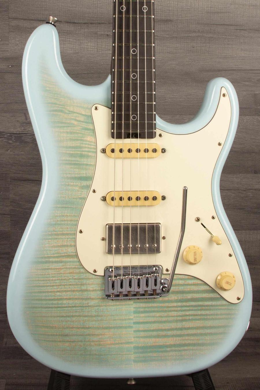 Schecter Nick Johnston Trad Flame Top Wembley Nitro USA - Atomic Ice, flamed maple top electric guitar with modern features.