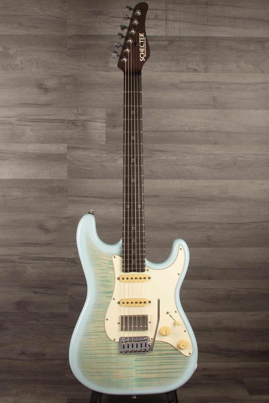 Schecter Nick Johnston Trad Flame Top Wembley Nitro USA in Atomic Ice finish with flamed maple top.