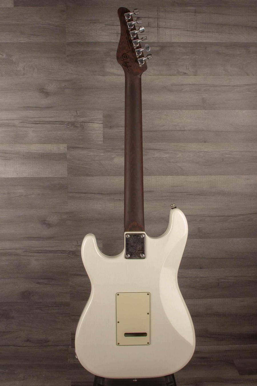 Back view of Schecter USA Nick Johnson trad Wembley guitar in Atomic Snow finish with wenge neck.