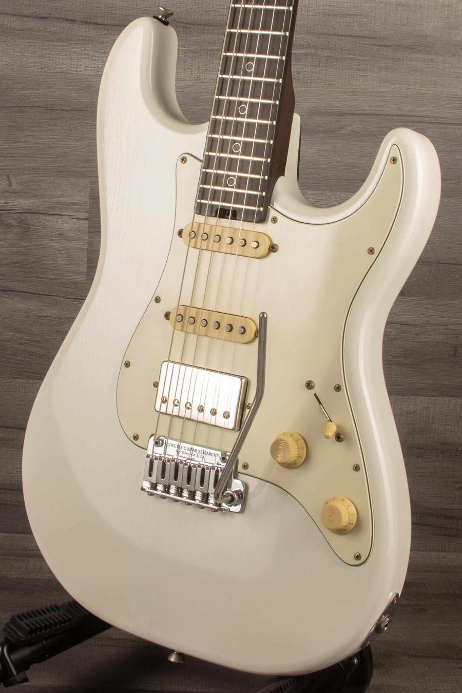 Schecter USA Nick Johnson trad Wembley, HSS Atomic snow guitar with vintage nitro finish and smooth wenge neck.