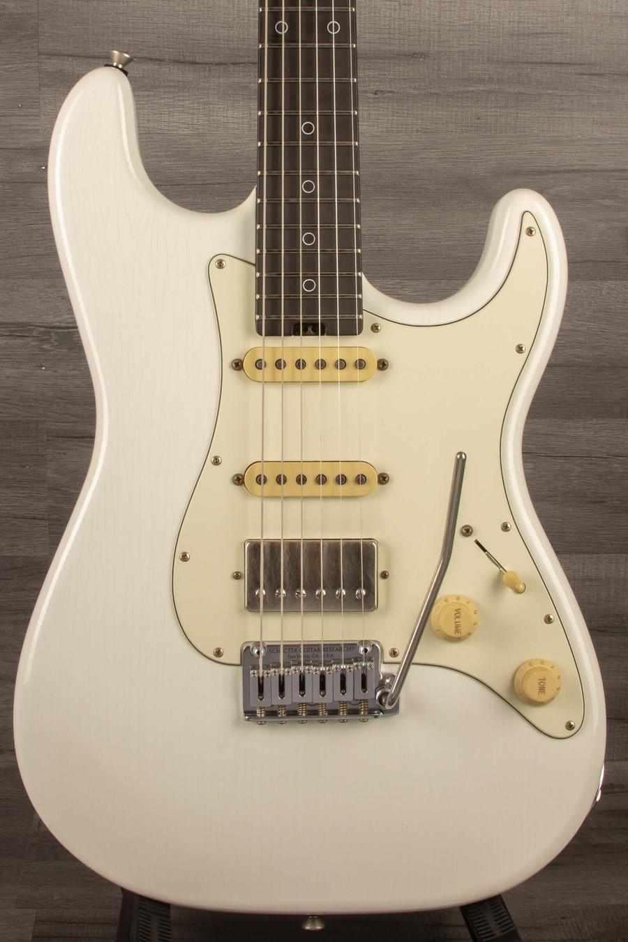 Schecter USA Nick Johnson trad Wembley guitar in Atomic Snow finish with vintage nitro coating and wenge neck.