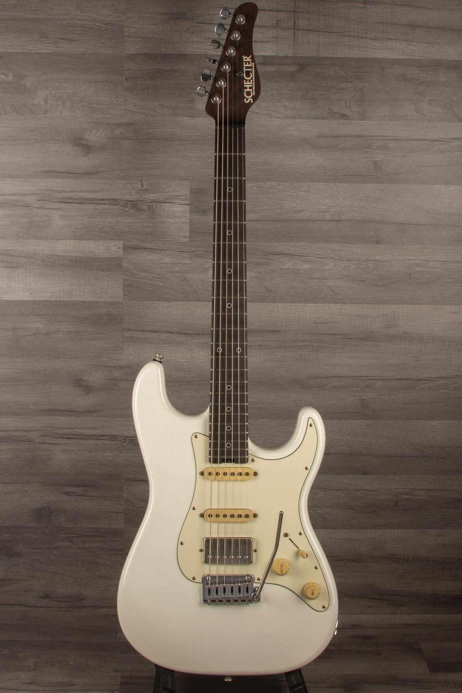 Schecter USA Nick Johnson Trad Wembley, HSS Atomic Snow guitar with vintage nitro finish and wenge neck.