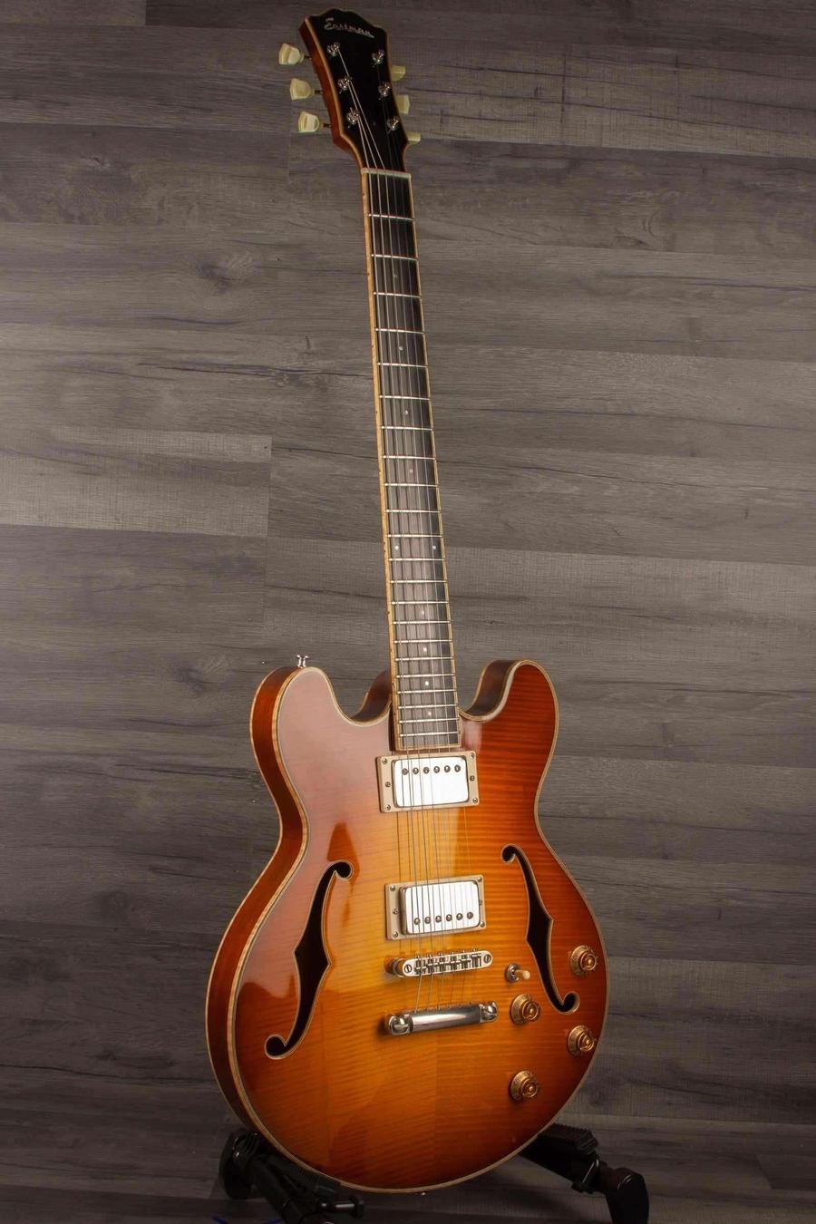 USED - Eastman T184MX - GoldBurst guitar showcasing its beautiful finish and classic design features.