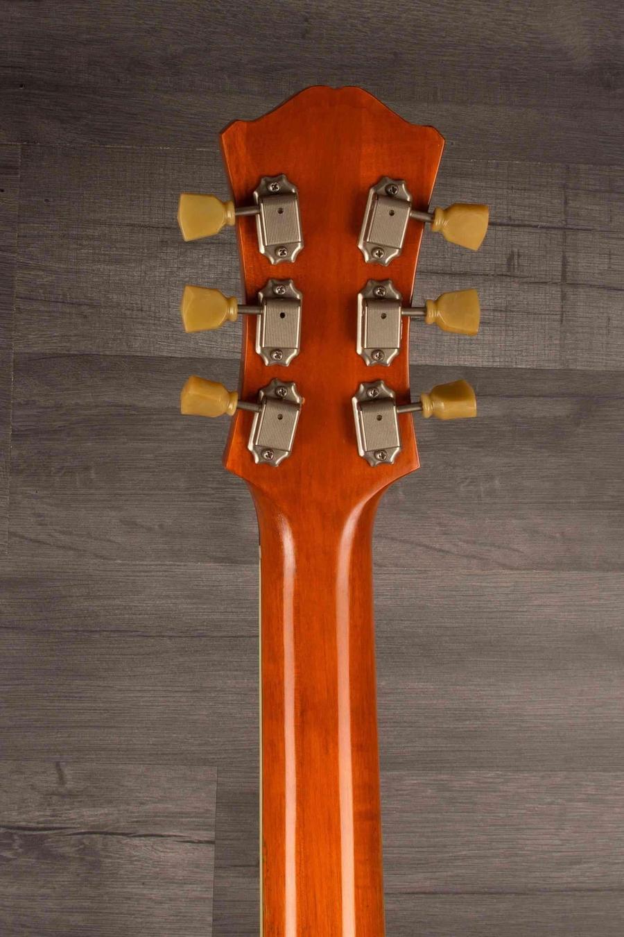 Back view of a USED - Eastman T64/V Antique Varnish guitar neck featuring six tuners.