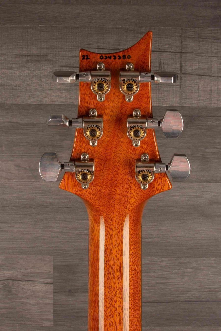 USED - PRS Hollowbody II Piezo Purple Iris guitar headstock with tuning pegs and mahogany neck.