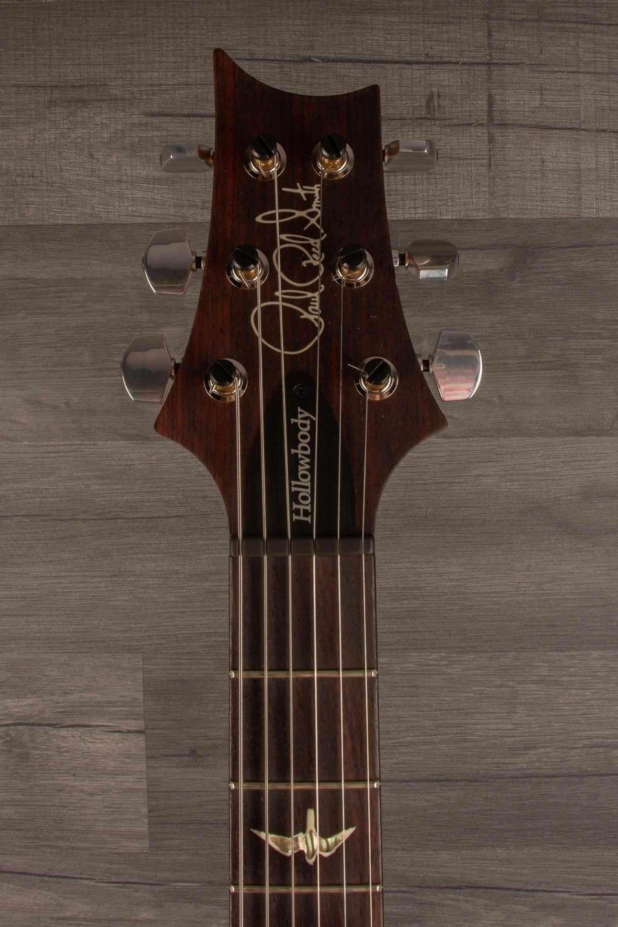 USED - PRS Hollowbody II Piezo Purple Iris headstock with signature and inlay detail.