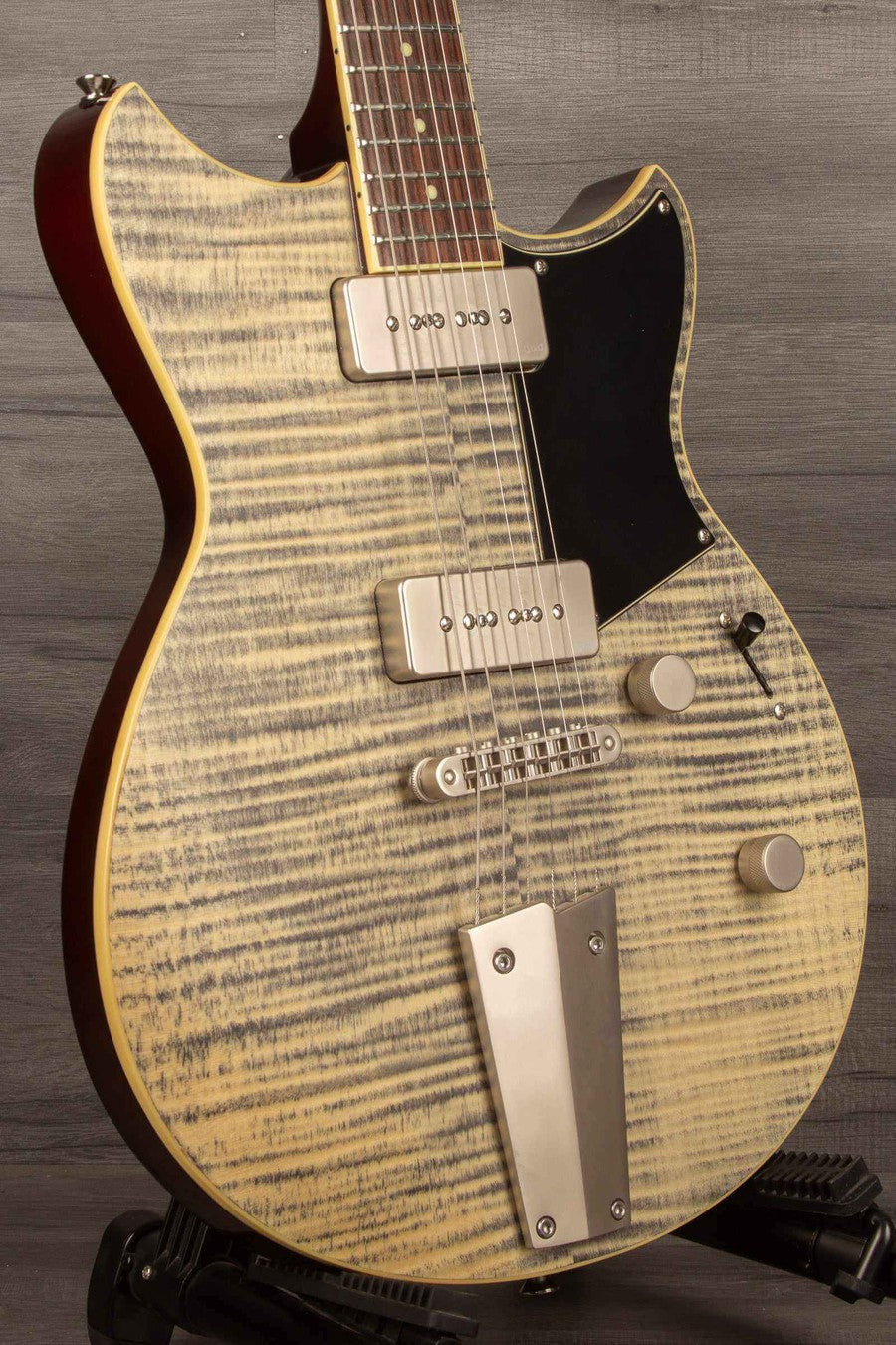 USED - Yamaha RS502T FMX guitar in flamed maple finish, showcasing P-90 pickups and original aluminum tailpiece.