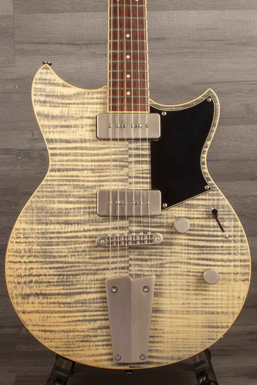 USED - Yamaha RS502T FMX guitar with flamed maple finish and P-90 pickups, showing slight wear but excellent sound quality.