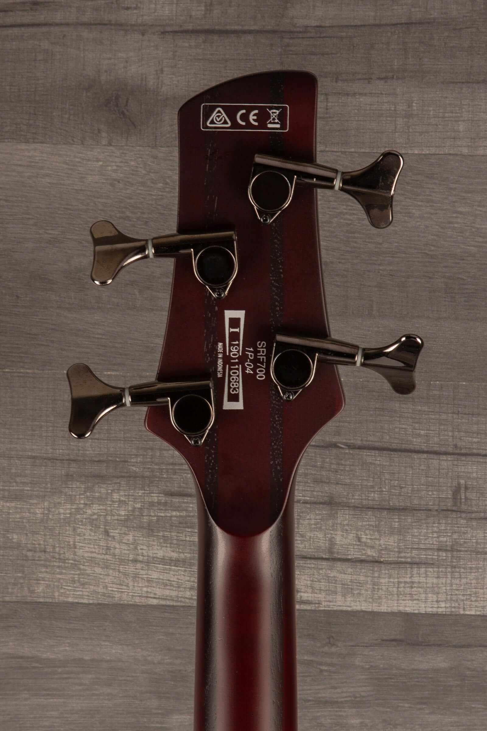 USED - Ibanez SRF700 BBF SR fretless bass - Brown burst flat headstock view with tuning pegs
