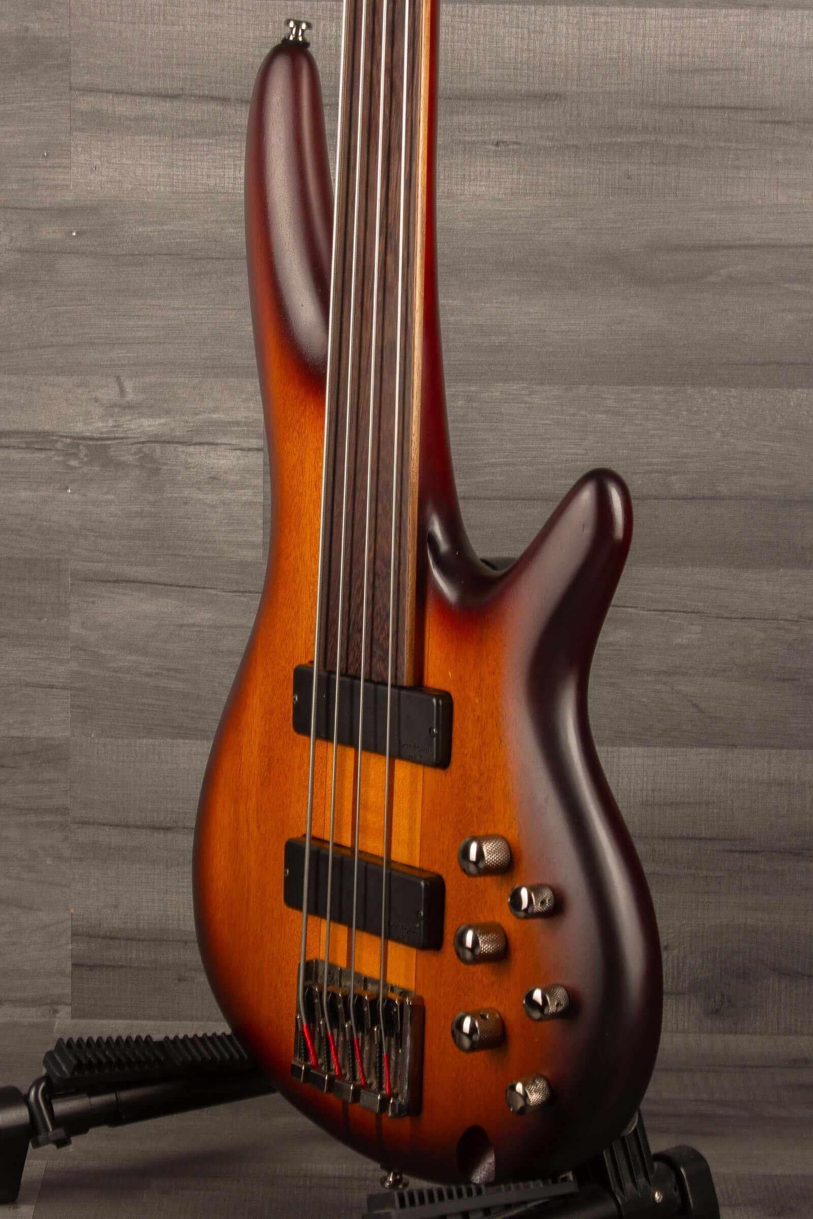 USED - Ibanez SRF700 BBF SR fretless bass - Brown burst flat side view showcasing the body and strings.