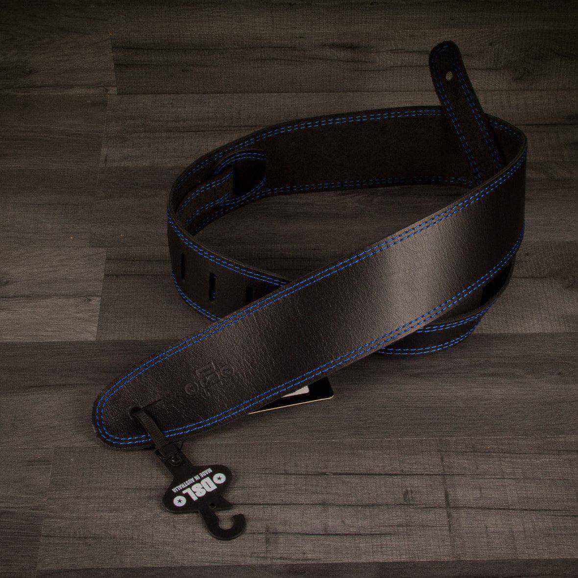Dsl Sge Guitar Strap 2.5 Inch Wide Black Leather With Blue Stitch - MusicStreet
