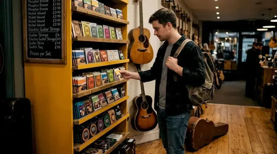 Man browsing guitar strings in music shop