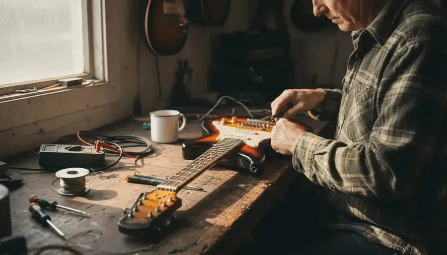 Guitar technician adjusting output jack on workbench