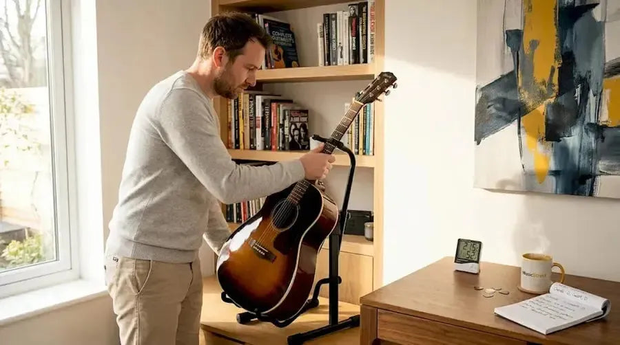 Man placing guitar on stand in living room