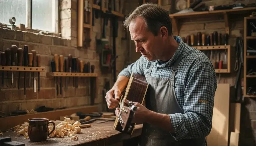 Luthier inspecting guitar binding detail
