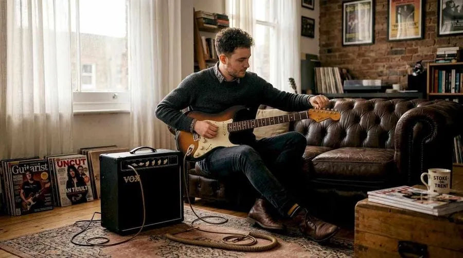 Guitarist tuning electric guitar with combo amp