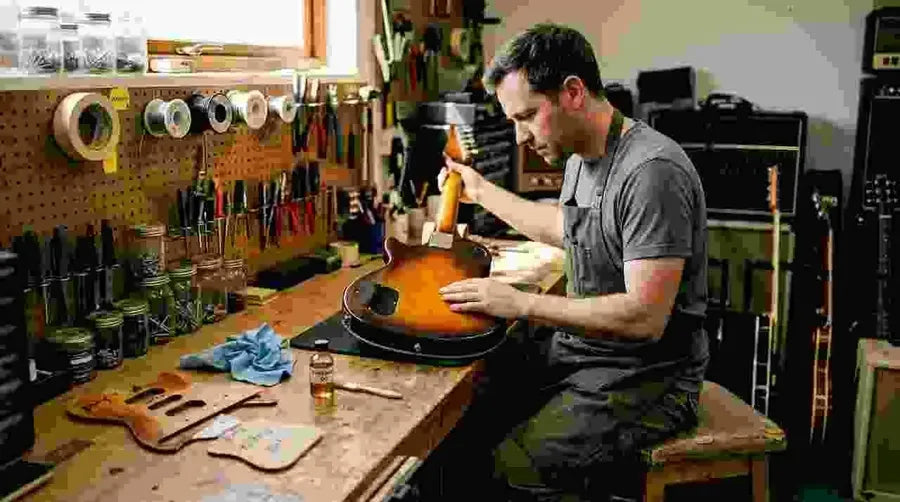 Guitar technician inspecting various finish samples