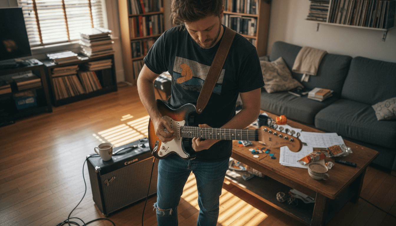Guitarist fitting leather strap for comfort