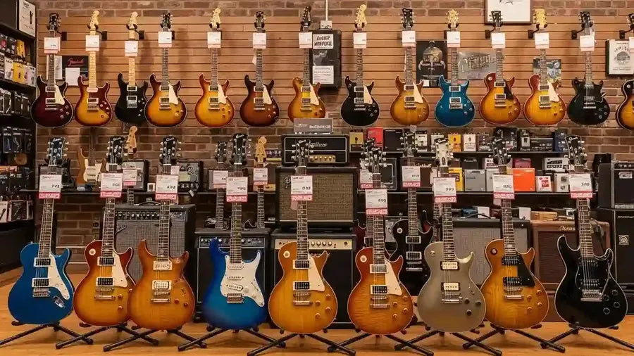 Diverse electric guitars in a music shop, representing various price tiers and brands