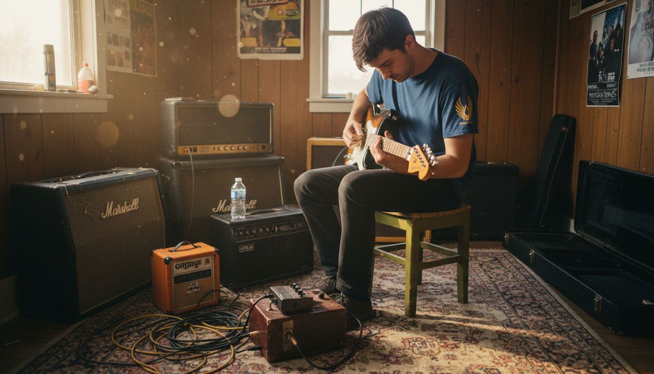 Guitarist tuning in studio surrounded by amps