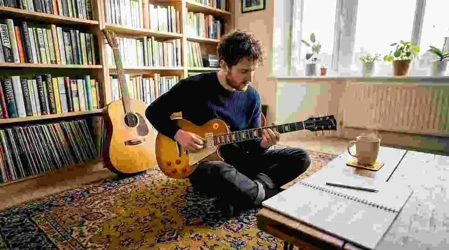 Guitarist practicing in bright home setting