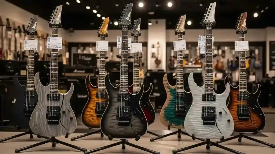 Selection of Ibanez guitars for metal on display in a UK music shop, highlighting distinctive shapes and hardware