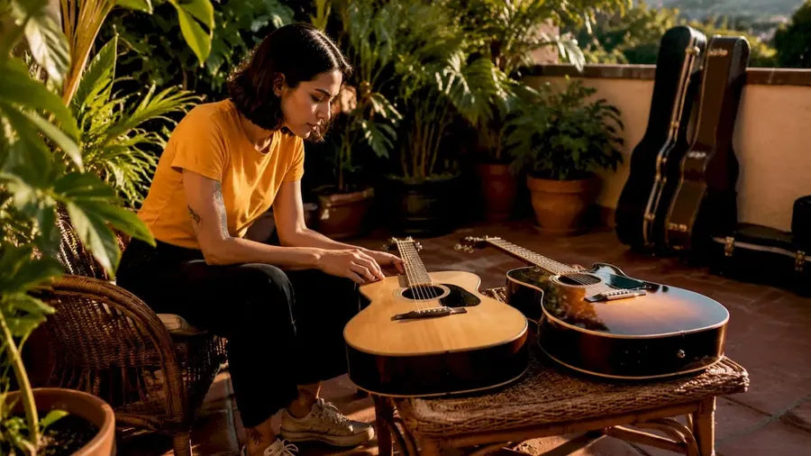 Woman comparing acoustic and acoustic-electric guitars