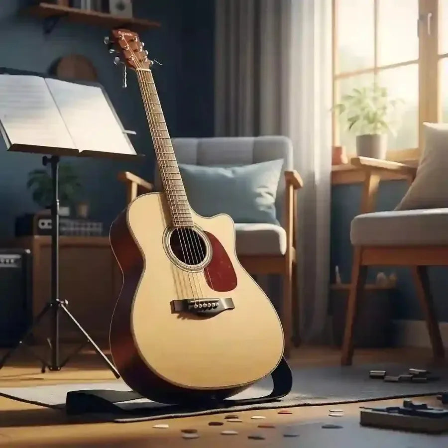 Beginner acoustic guitar in a cozy room with music stand and picks