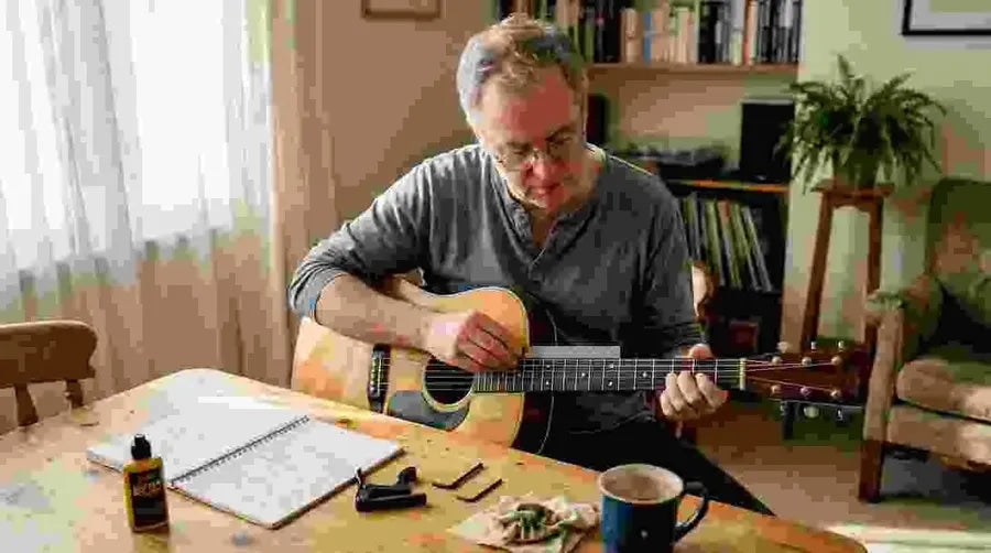 Person measuring guitar action at home table