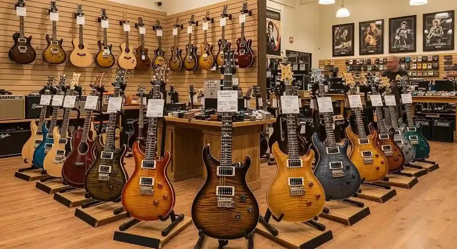 Display of PRS guitars in a music shop, showcasing craftsmanship and variety